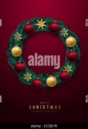 Weihnachtskranz mit Tannenzweigen auf rotem Wandhintergrund. Rahmen in Form eines Weihnachtskranzes aus Stern, goldenen Schneeflocken, Kugeln und Glitzergold. Weihnachtsgrußkarte. Stock Vektor