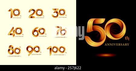Set mit 10 bis 100. Jahrestag Logotypdesign, Twist Ribbons Logo, Origami stilisierte Nummernbuchstaben, Jubiläum Logo für Feier Event, Einladung, Gruß, Party, Mode. Lustig, Unterhaltung Stock Vektor