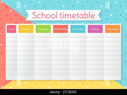 Schulplan. Fahrplan für Kinder. Wöchentlicher Zeitplan mit Lektionen. Vorlage für Studentenplan. Schulplan. Wöchentlicher Zeitplan für den Unterricht. Vektorabbildung. Stock Vektor