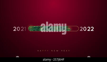 Fortschrittsbalken in Form von Weihnachtsbaumzweigen. Ladebalken von 2021 bis 2022 auf dunkelrotem Hintergrund. Kreatives festliches Banner. Happu Neujahr 2022. Stock Vektor