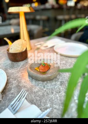 Acuka arab Lebanies und syrische Muhammara oder Hammara Vorspeisen werden im Restaurant serviert Stockfoto