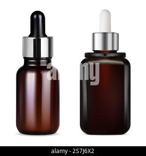Tropfflasche aus braunem Glas für Kosmetiköl, Serum, Modell ohne Etikett. Medicime Flaschen mit realistischem, klarem Muster. Flasche für Bio-Aroma-Parfüm mit Tropfverschluss, Essence Produkt. Tropfflasche aus braunem Glas für Kosmetiköl, Serum Stock Vektor