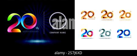 Set aus 20. Jahrestag Logo, 20 Jahre Feier Jubiläum Logo Silber und Gold, Origami stilisierte Nummernbuchstaben, Twist Ribbons Logo für Veranstaltung, Einladung, Gruß, Party, Mode. Lustig, Stock Vektor