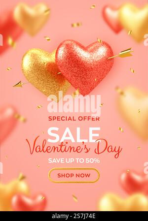 Banner zum Valentinstag. Ein Paar leuchtend rot-goldene Ballons in Herzform mit Glitzerstruktur, durchbohrt von goldenen Pfeilen und Konfetti. Hintergrund, Flyer, Grußkarte. Vektor. Banner zum Valentinstag. Ein Paar leuchtend rot-goldene Ballons in Herzform mit Glitzerstruktur, durchbohrt von goldenen Pfeilen und Konfetti. Hintergrund, Flyer, Grußkarte. Vektor. Stock Vektor