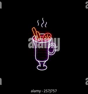 Neon-Glühwein-Schild. Glühwein, isoliert auf dunklem Backsteinhintergrund. Neonschild für warme Wintergetränke. Vektordarstellung. Stock Vektor