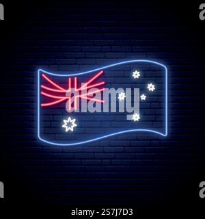 Neonschild mit australischer Flagge. Glühende australische Flagge isoliert auf dunklem Backsteinhintergrund. Darstellung des Rohteilvektors. Stock Vektor