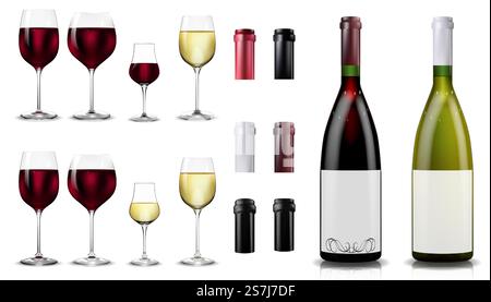 Flaschen und Gläser für Rot- und Weißwein. Realistisches Modell. Satz Kappen oder Hülsen, mit dem der Stopfen geschlossen wird. Vektorabbildung... Flaschen und Gläser für Rot- und Weißwein. Realistisches Modell Stock Vektor