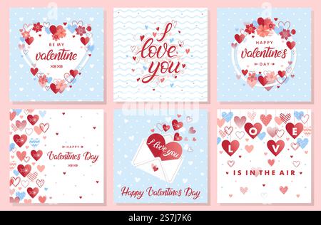 Sammlung kreativer Valentinskarten. Handgezeichneter Buchstabe mit Herzen, Pfeilen, Blumen und Liebesbrief. Romantische Illustrationen perfekt für Drucke, Flyer, Poster, Urlaubseinladungen und vieles mehr. Sammlung kreativer Valentinskarten Stock Vektor