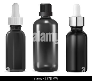 Serumflasche aus Glas, Kosmetikmodell aus ätherischem Öl. Schönheitsserumfläschchen, kleines Kollagen-Apothekengefäß-Set. Apothekenflakon für Aromatherapie, transparenter Rohling. E Flüssigkeit, Sirupbehälter. Serumflasche aus Glas, Kosmetikmodell aus ätherischem Öl Stock Vektor