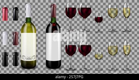 Flaschen und Gläser aus Rot- und Weißwein. Realistisches Modell. Ein Satz Kappen oder Hülsen zum Schließen des Stopfens. Vektordarstellung. Stock Vektor