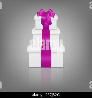 Stapel von drei realistischen weißen Geschenkkartons mit rosa Schleife und Schleife auf grauem Hintergrund mit Reflexion. Vektor-EPS10-Abbildung. . Stapel von drei realistischen weißen Geschenkboxen mit rosa Schleife und Schleife Stock Vektor