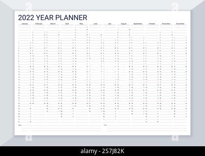 Kalenderplaner für 2022 Jahre. Tischkalender-Vorlage. Jährlicher täglicher Organisator. Terminkalender. Woche beginnt Sonntag. Kalender für 2022 Jahre. Tischkalenderraster. Vektorabbildung. Stock Vektor