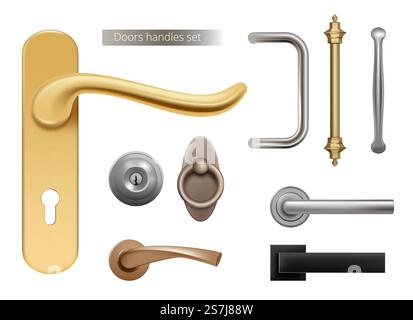Moderne Türgriffe. Silberne und goldene Metallmöbel Griffe für geöffnete Zimmertüren Innenelemente vektorrealistisch. Abbildung: Grifftür, Schloss und Knopf. Moderne Türgriffe. Silberne und goldene Metallmöbel Griffe für geöffnete Zimmertüren Innenelemente vektorrealistisch Stock Vektor