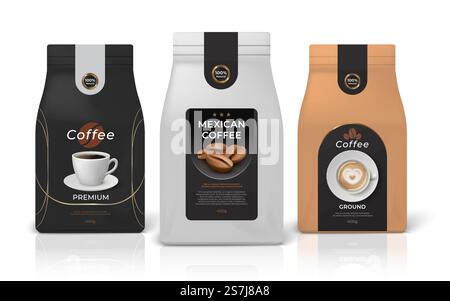 Mockup für Kaffeepaket. Realistisches Modell für Lebensmittelverpackungen mit Markenidentität, schwarz-weißem und braunem Papier mit Reißverschluss. Vektor Set Emblem kleine Hochglanztasche für Markenlayout Einzelhandel. Mockup für Kaffeepaket. Realistisches Modell für Lebensmittelverpackungen mit Markenidentität, schwarz-weißem und braunem Papier mit Reißverschluss. Vektorsatz Stock Vektor