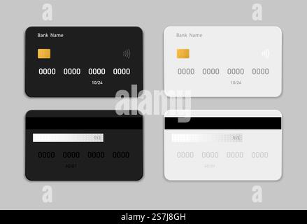 Legen Sie das Modell für die Schwarzweiß-Kreditkarte (Debit) flach fest. Design von Kreditkartenvorlagen für die Präsentation. Flache Kreditkarten isoliert auf grauem Hintergrund. Vektorabbildung. EPS10 Stock Vektor