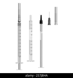 Insulinspritze 0,5 ml mit Injektionsnadeln auf weißem Hintergrund, zusammengesetzte und zerlegte medizinische Einmalspritzen. Insulinspritze 0,5 ml mit Injektionsnadeln auf weißem Hintergrund, zusammengesetzte und zerlegte medizinische Einmalspritzen. Vektor-EPS 10-Abbildung Stock Vektor