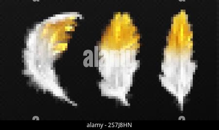 Weiße Federn mit goldenem Glitzer an den Kanten, Vogelgefieder oder Haken mit goldenen Funken, Boho-Stil trendige Designelemente isoliert auf schwarzem Hintergrund, realistische 3D-Vektor-Illustration, Icons Set. Weiße Federn mit goldenem Glitzer an den Kanten, Gefieder Stock Vektor