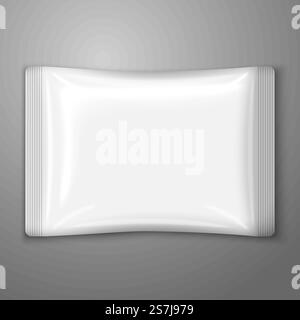 Leerer weißer, flacher Kunststoffbeutel, isoliert auf grauem Hintergrund, mit Platz für Ihr Design und Ihre Marke. Vektordarstellung Stock Vektor