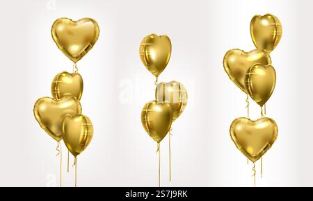 Luftballons-Set aus Goldfolie. Sammlung verschiedener goldener Ballons in Herzform. Partykompositionen. Dekoration zum Valentinstag. Goldene Folienballons Kompositionsset Stock Vektor