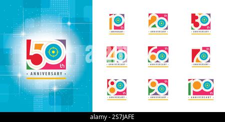 Satz des Jubiläums Logotyps Design, Feier Jubiläum Buntes Logo für Feier Ereignis, Einladung, Gruß, Webvorlage, Flyer und Broschüre, Wiedergabesymbol, Logo-Vektor Farben Stock Vektor