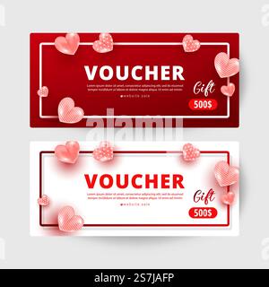 Geschenkgutschablone für Einkaufsgutscheine mit realistischem, süßem Dekor und 500-Dollar-Nummern. Gutschein für Rabattkarten. Happy Valentine Day Konzept, Vektor-Illustration. Einkaufsgutschein Geschenkkarten-Set mit realistischem, süßem Dekor und 500-Dollar-Zahlen. Gutschein für Rabattkarten. Happy Valentine Day Konzept, Vektor-Illustration Stock Vektor