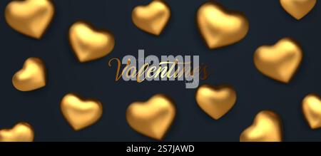 Alles Gute Zum Valentinstag. Fantastischer schwarzer Hintergrund mit realistischen goldenen 3D-Hochglanzherzen. Fantastisches horizontales rotes Banner im Design mit glitzernden Schokoladenherzen in Goldfolie. Vektorabbildung Stock Vektor