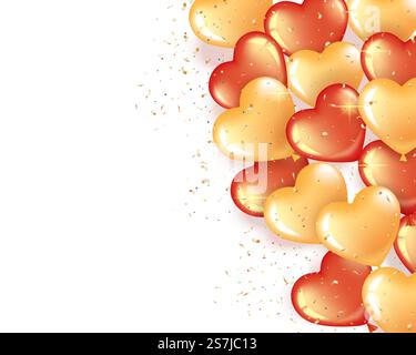 Banner mit roten und goldenen Herzballons auf rosa Hintergrund. Ein Haufen Bälle auf der rechten Seite. Grußkarte zum Valentinstag und zum Internationalen Frauentag. Isoliert auf weißem Hintergrund. Banner rot-goldene Ballons Stock Vektor