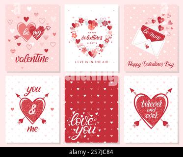 Satz kreativer Valentinskarten mit Herzen, Blumen, Punkten, Umarmungen und Küssen, Liebesbrief und Pfeilen. Romantische Illustrationen perfekt für Drucke, Flyer, Poster, Urlaubseinladungen und vieles mehr. Stock Vektor