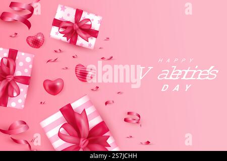 Happy valentine&rsquo;s Day Vektor Grafik mit Geschenkboxen und Herzform auf rosa Farbverlauf Hintergrund Stock Vektor