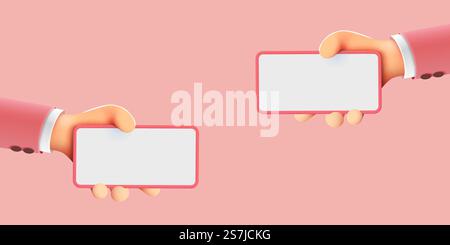 Niedliche 3D-Cartoon-Hände, die ein Handy halten. Modernes Modell. Vektorabbildung. Niedliche 3D-Cartoon-Hände, die ein Handy halten. Modernes Modell. Stock Vektor