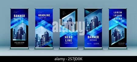 Business Roll-Up-Set. Standdesign. Banner-Vorlage, abstrakte blaue geometrische Dreieck Hintergrund Vektorbroschüren, Flyer, Präsentation, Broschüre, j-Flagge, x-Ständer, x-Banner, Ausstellungsdisplay Stock Vektor