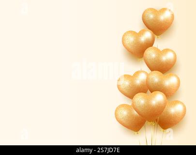 Bannerkarte mit einem Haufen goldener Ballons in Herzform mit funkelndem Glitzer. Romantische Illustration für Valentinstag, Geburtstag, Frauentag. Auf hellem Hintergrund. Vektor... Goldenes Ballonbanner Stock Vektor