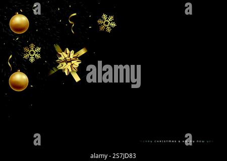 Frohe Weihnachten und ein frohes neues Jahr-Vektorbanner. Minimalistische Schablone mit Tannenästen, luxuriösen goldenen Dekorationen und Platz für Text. Stock Vektor