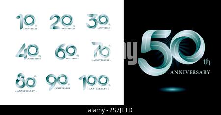 Set mit 10 bis 100. Jahrestag Logotypdesign, Twist Ribbons Logo, Origami stilisierte Nummernbuchstaben, Jubiläum Logo für Feier Event, Einladung, Gruß, Party, Mode. Lustig, Unterhaltung Stock Vektor