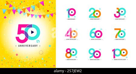 Satz des Jubiläums Logotyps Design, Feier Jubiläum Buntes Logo für Feier Ereignis, Einladung, Gruß, Webvorlage, Flyer und Broschüre, Wiedergabesymbol, Logo-Vektor Farben Stock Vektor