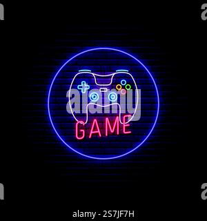 Neon-Game-Schild. Leuchtendes Neon Gamepad-Symbol im kreisförmigen Rahmen auf Backsteinwänden. Gamecontroller. Vektordarstellung. Stock Vektor