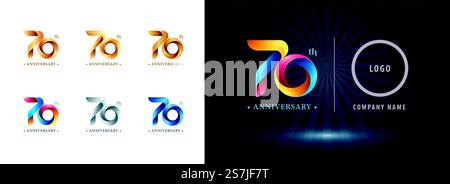 Set aus 70-jährigem Jubiläum Logo, Siebzigjähriges Jubiläum Logo Silber und Gold, Origami stilisierte Nummernbuchstaben, Twist Ribbons Logo für Veranstaltung, Einladung, Gruß, Party, Mode. Lustig, Stock Vektor