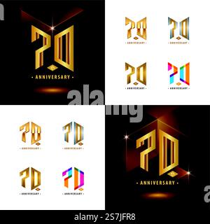 Set mit Logo zum 70. Jahrestag, Logo zum Jubiläum, abstraktes Hexagon-Logo für die Feier der Glückwunschfeier, Einladung, Gruß, Kraft, Armee, Leistung, Akademie Stock Vektor