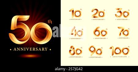 Set mit 10 bis 100. Jahrestag Logotypdesign, Twist Ribbons Logo, Origami stilisierte Nummernbuchstaben, Jubiläum Logo für Feier Event, Einladung, Gruß, Party, Mode. Lustig, Unterhaltung Stock Vektor