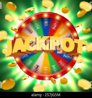 Realistisches 3D-Glücksrad mit fliegenden goldenen Münzen. Lucky Roulette. Vektorabbildung. Realistisches 3D-Glücksrad mit fliegenden goldenen Münzen. Lucky Roulette. Stock Vektor