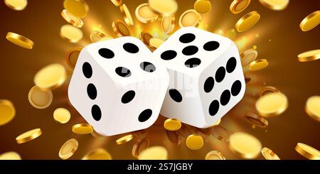 Zwei Würfel, umgeben von einem leuchtenden Rahmen und einer Münzexplosion. Glückssache. Casino-Konzept. Vektorgrafik Stock Vektor