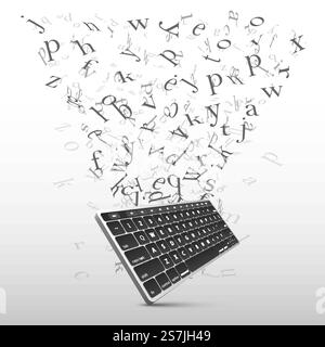 Tastatur mit Schild mit fliegenden Buchstaben. Vektordarstellung Stock Vektor