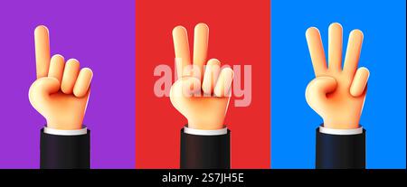 Niedliche 3D-Hände, die eins zwei drei zählen. Drei Schritte oder Optionen Konzept. Vektorabbildung. Niedliche 3D-Hände, die eins zwei drei zählen. Drei Schritte oder Optionen Konzept. Stock Vektor