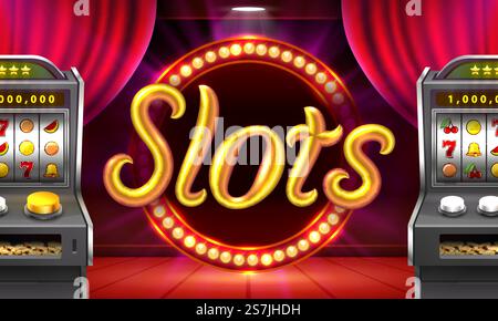 Casino Slots dreht sich, Podium-Szene-Spiel. Vektorabbildung... Casino Slots dreht sich, Podium-Szene-Spiel. Vektor Stock Vektor