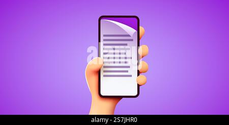 3D Cute Hand hält das Smartphone mit Dokument oder Rechnung auf dem Bildschirm. Elektronische Dokumentenverwaltung. Vektorabbildung. 3D Cute Hand hält das Smartphone mit Dokument oder Rechnung auf dem Bildschirm. Elektronische Dokumentenverwaltung. Stock Vektor