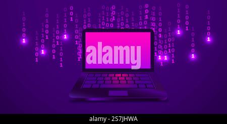 Kreative abstrakte Binärcode-Skizze auf modernem Laptop-Hintergrund, Hacking und Matrixkonzept. Vektorabbildung. Kreative abstrakte Binärcode-Skizze auf modernem Laptop-Hintergrund, Hacking und Matrixkonzept. Stock Vektor