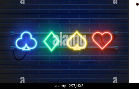 Neonlampe Casino Banner auf Wandhintergrund. Poker- oder Blackjack-Kartenspiel-Zeichen. Las Vegas Konzept. Vektorabbildung... Neonlampe Casino Banner auf Wandhintergrund. Poker- oder Blackjack-Kartenspiel-Zeichen. Las Vegas Konzept. Stock Vektor