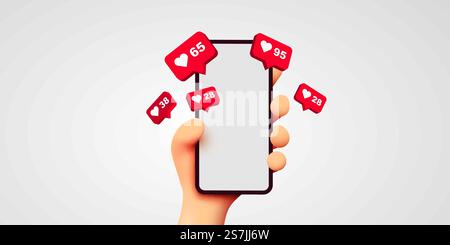 Niedliches 3D-Cartoon-Handheld-Smartphone mit Likes-Benachrichtigungssymbolen auf weißem Hintergrund. Social Media und Marketingkonzept. Vektorabbildung. Niedliches 3D-Cartoon-Handheld-Smartphone mit Likes-Benachrichtigungssymbolen auf weißem Hintergrund. Social Media und Marketingkonzept. Stock Vektor