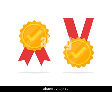 Goldene Medaille mit Tick-Symbol in flachem Design Stock Vektor
