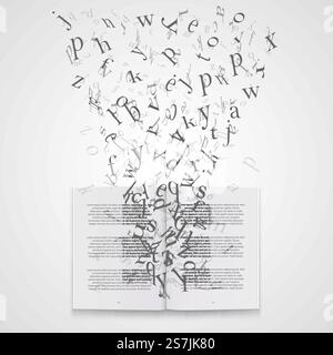 Buch mit fliegenden Buchstaben Kunst. Vektorabbildung. Buchen Sie mit fliegenden Buchstaben Stock Vektor